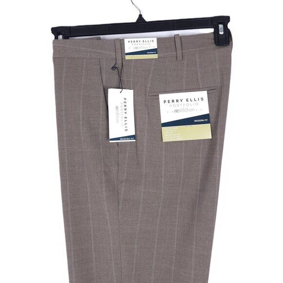 Perry Ellis Men's Modern-Fit Stretch Dress Pants Blue Tan Windowpane 34x34 NWT